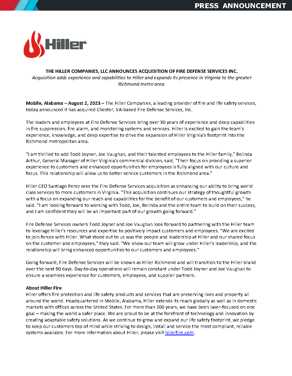 The Hiller Companies Llc Announces Acquisition Of Fire Defense